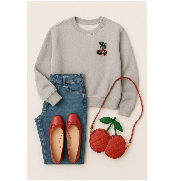 H&M Rhinestone Bead Cherry Appliqué Crew Neck Sweatshirt Lt Gray Melange Sz S - Picture 7 of 15